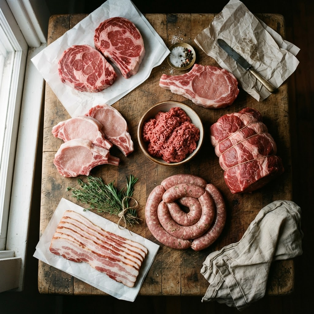 Assorted beef and pork cuts — ribeyes, pork chops, bacon, sausage, ground beef, and a roast — arranged on a butcher block