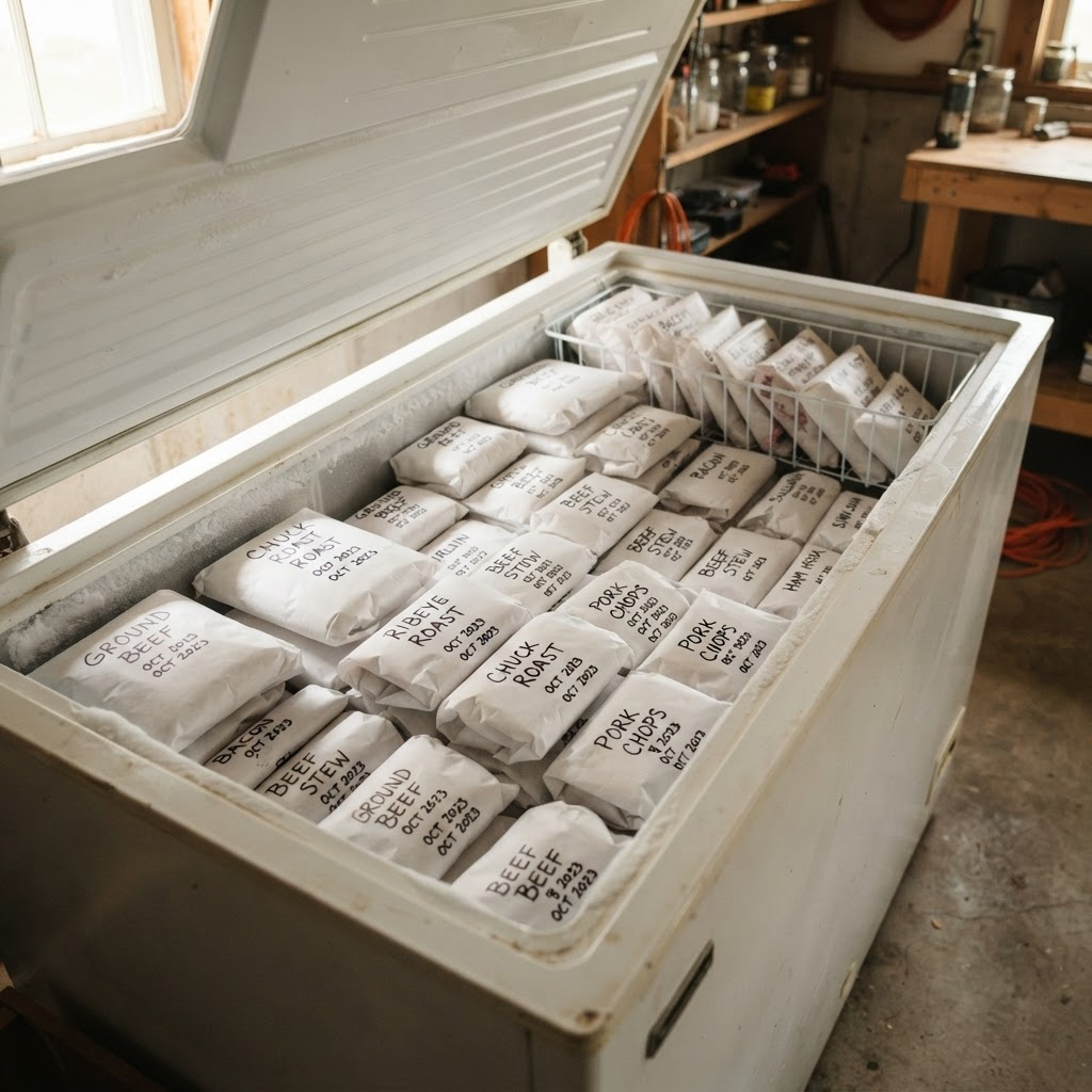 Open chest freezer packed with labeled butcher-paper wrapped meat packages